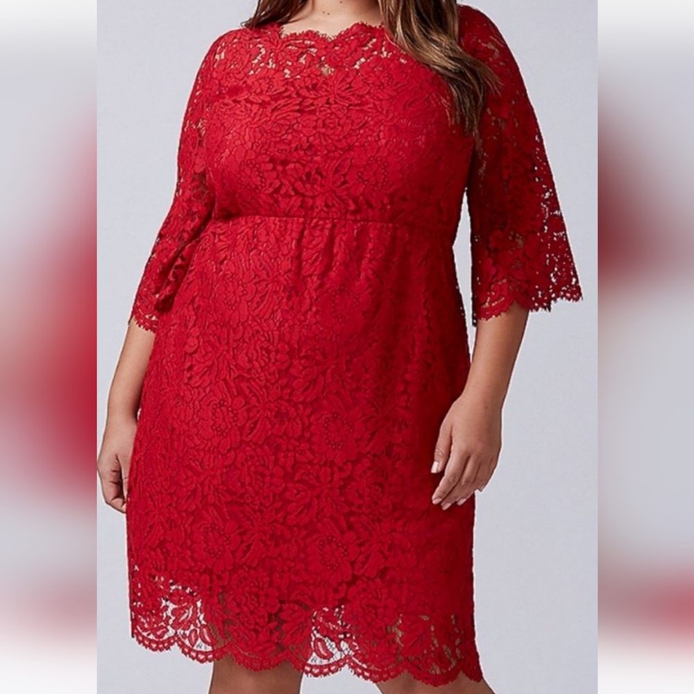 Red Lace Plus Size Dress – Scalloped Hem & Sleeves – Cockt